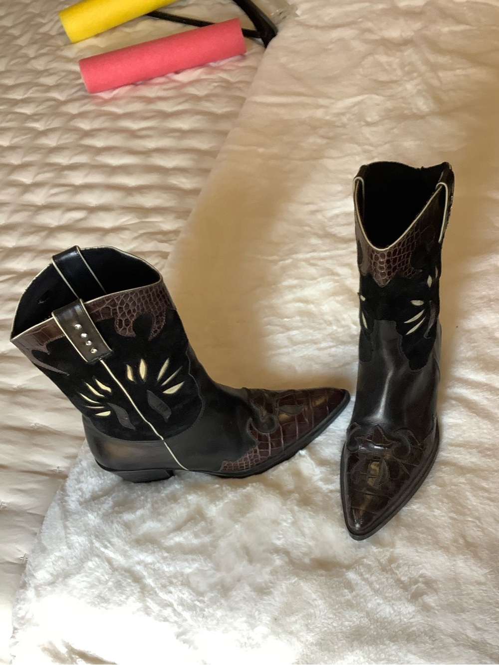Van Eli Black and Brown Croc-Accent Western Ankle Boots